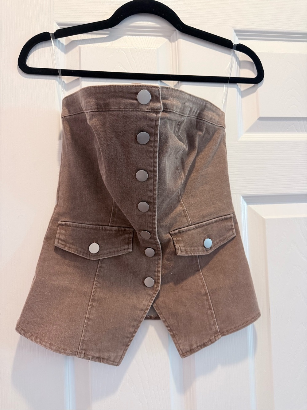 Timing Strapless Brown Denim Button-Front Top
